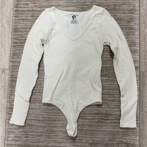 Free People Cream Long Sleeve Ribbed Bodysuit